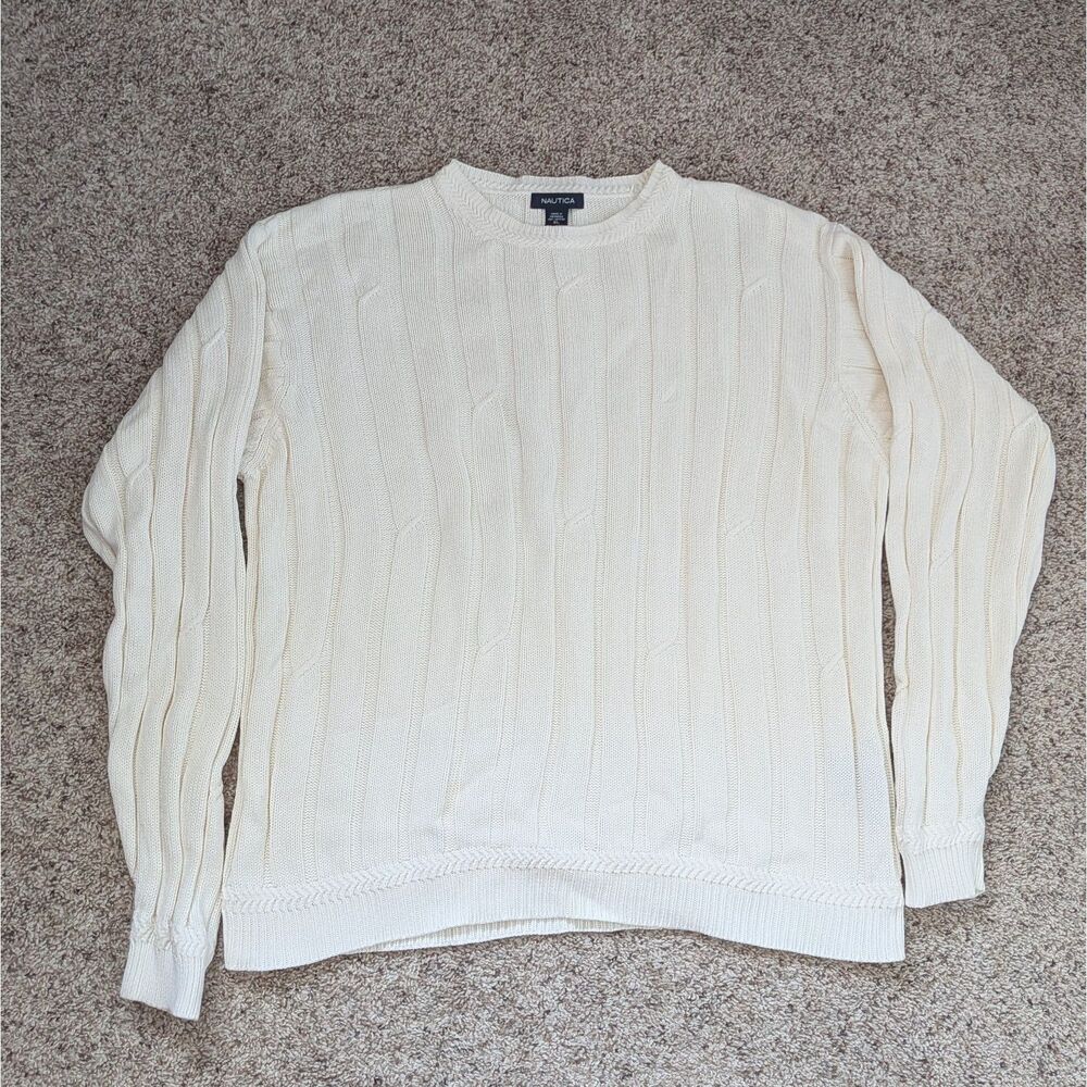Nautica Cable Knit Crew Sweater Cotton Mens XL Preppy Chunky Oversized Fisherman